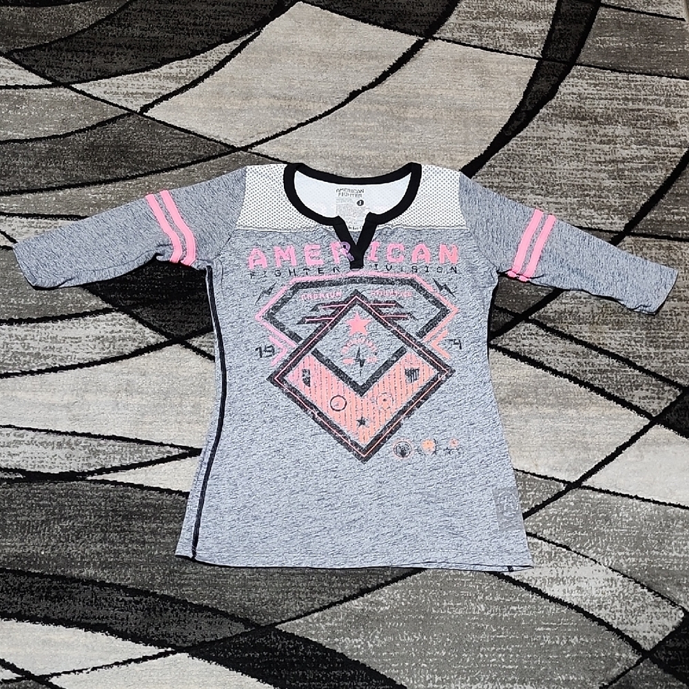 AMERICAN FIGHTER GRAPHIC SLIP-NECK 3/4 SLEEVES HEATHER GREY TEE-SHIRT TOP